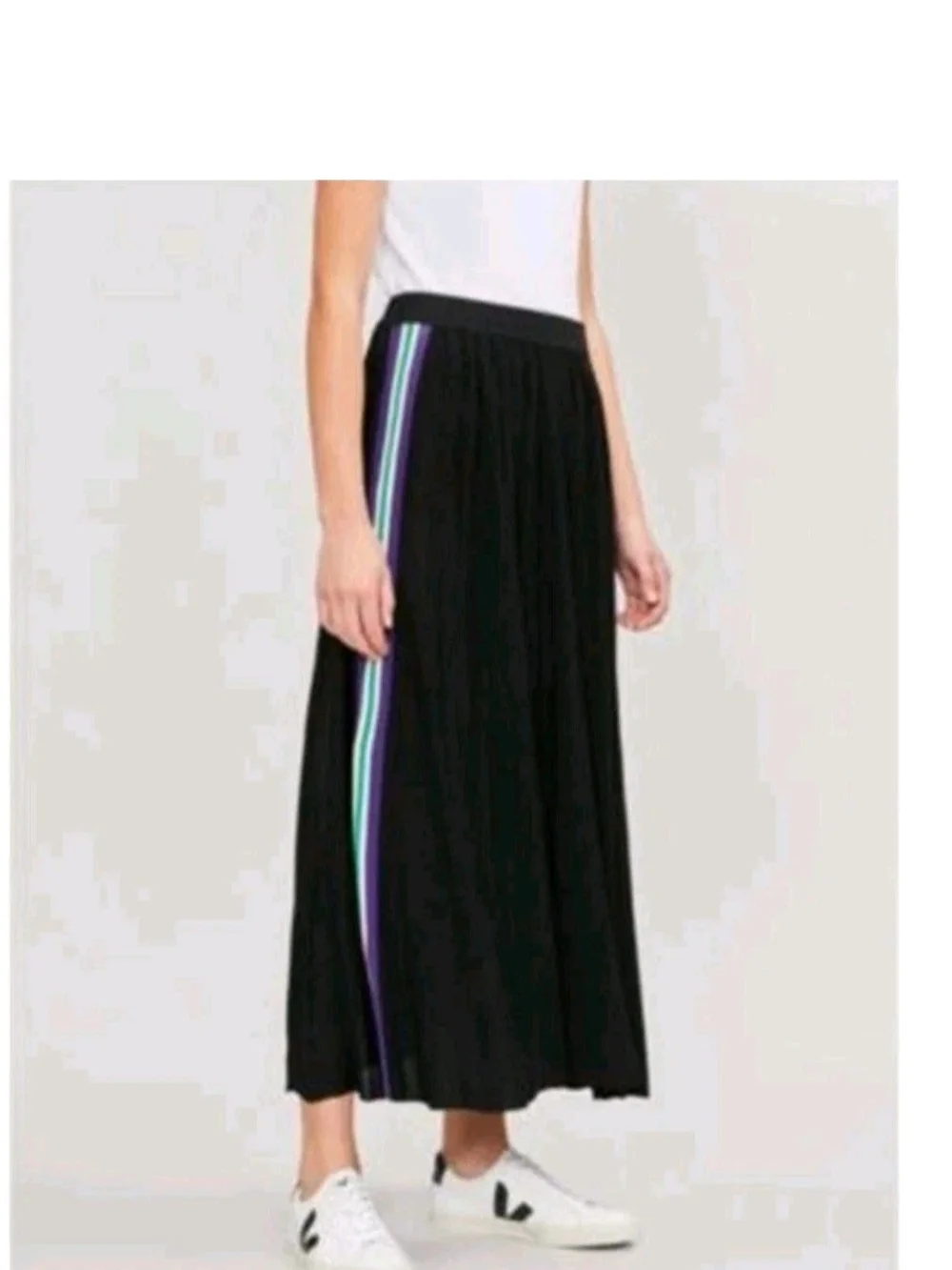 Sandro Paris Skirt Womens Sz 1 Black Racing Stripes Pleated Accents Midi Length